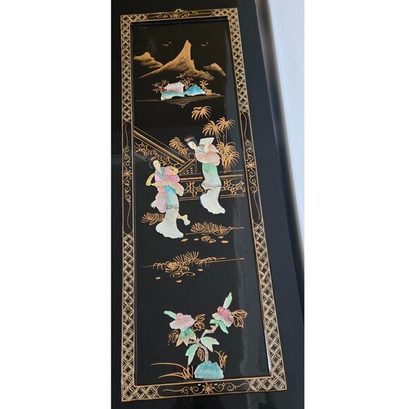 Vintage Asian Wall Art Panel Set – Lacquer & Mother of Pearl Geisha Decor - Picture 2 of 16